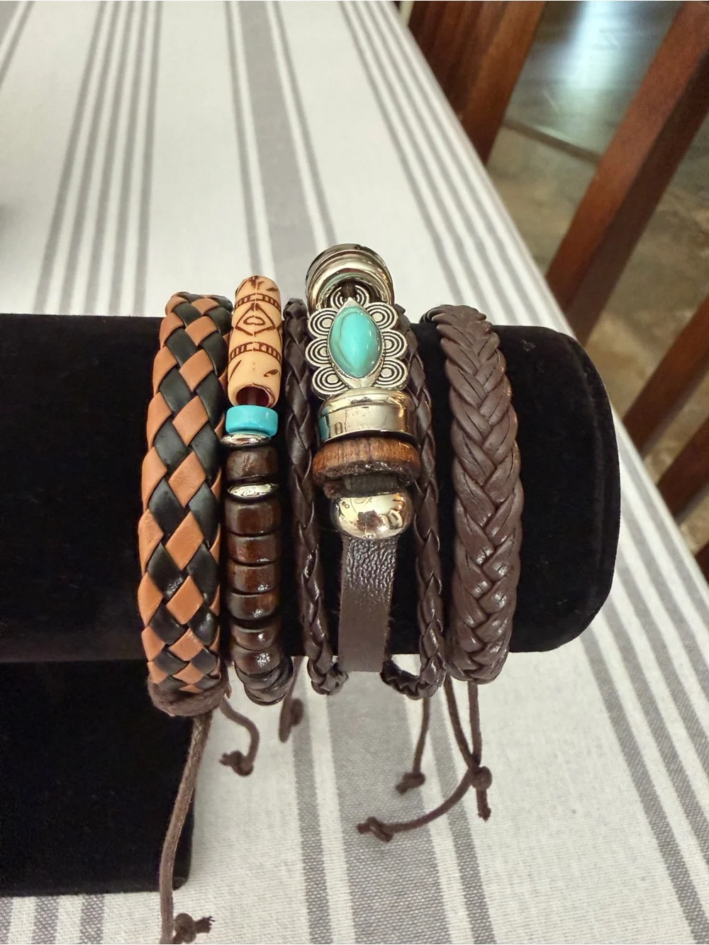 Brown and Turquoise Men's Braided Leather Bracelet Set